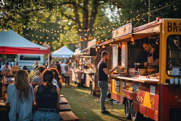 Food trucks at an outdoor market.